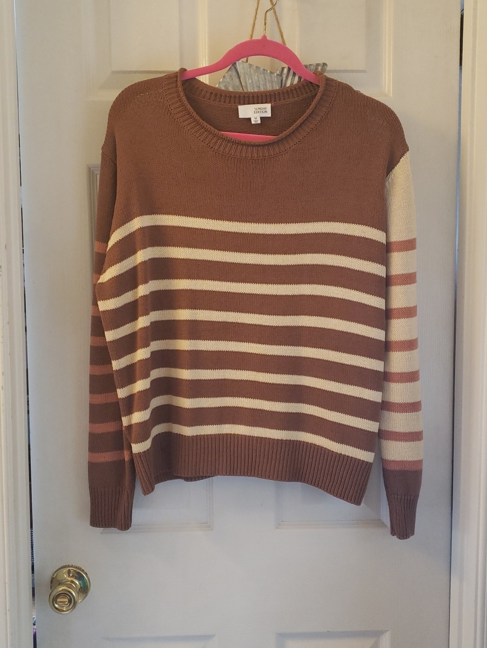 Striped Crewneck Sweater in Brown and Cream - Long Sleeve